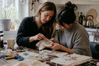 Two adults collaborating on embroidery at a messy kitchen table, both absorbed in the creative process, bathed in gentle morning light.