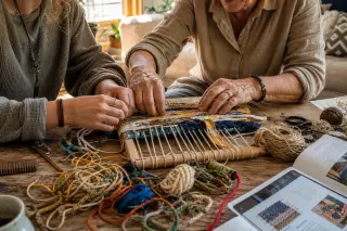 Two people of different ages working together hands-on at a craft table in a cozy, sunlit living room, surrounded by a creative mess of materials and tools.