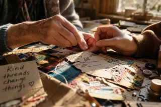Hands of two people, one older and one younger, collaborating to stitch recycled materials into an artisan notebook on a cluttered kitchen table with sunlight streaming in.