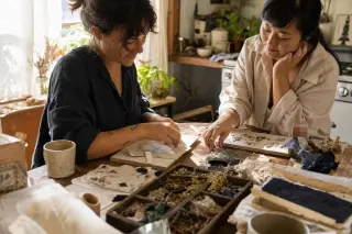 Two women of different ages experimenting with creative crafts at a coffee table in a warmly lit living room, focused on their hands and materials, in a candid, natural setting.