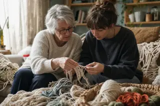 Two people of different generations explore textile crafts together in a sunlit, casually cluttered living room, focusing on their hands and creative process.