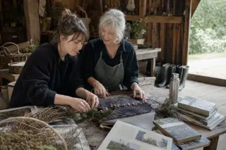 Two women of different ages in a rustic barn, hands arranging creative materials on a worn table with natural light, surrounded by a cozy, rural atmosphere.