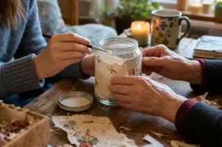 Two people, of different ages, collaborating quietly on a handmade glass jar project in a cozy, naturally lit room, their hands focused on gluing decorative paper to the surface amid creative clutter.