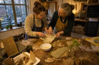 Multiple hands of different ages sorting sustainable materials on a naturally lit, slightly cluttered kitchen table repurposed for creative activity.