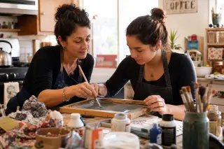 Two people of different ages collaborate on a craft project in a sunlit, slightly messy kitchen, focusing intently on their work with natural, warm lighting.
