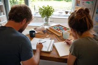 Two people in a cozy kitchen intently sketching together at a messy counter, absorbed in creative discovery, warm natural light highlighting the scene.